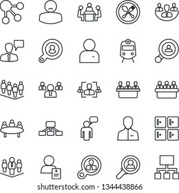 Thin Line Icon Set - spoon and fork vector, train, checkroom, speaking man, team, meeting, patient, user, company, hr, client search, consumer, social media, hierarchy