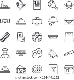 Thin Line Icon Set - spoon and fork vector, cook, dish, alcohol, restaurant table, wine card, reserved, reception, plates, bacon, waiter, cafe building, dress code, receipt, ham, bowl, rolling pin