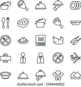 Thin Line Icon Set - spoon and fork vector, waiter, dish, restaurant table, serviette, cafe, menu, plates, dress code, chicken, steak, kebab, ham, bowl, steaming pan, sushi