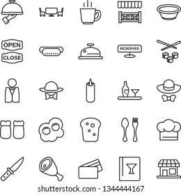 Thin Line Icon Set - spoon and fork vector, waiter, alcohol, cook hat, wine card, reserved, reception, coffee, salt pepper, bread, candle, cafe table, dress code, open close, alcove, credit, ham
