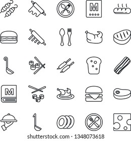 Thin Line Icon Set - spoon and fork vector, cafe, menu, plates, bacon, waiter, bread, chicken, steak, kebab, hamburger, ladle, rolling pin, sushi, cheese