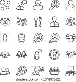 Thin Line Icon Set - spoon and fork vector, train, male, speaking man, team, patient, group, user, company, hr, meeting, client search, consumer, social media, hierarchy