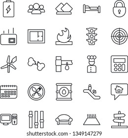 Thin Line Icon Set - spoon and fork vector, escalator, waiting area, bed, lock, drip irrigation, broken bone, traffic light, term, flammable, oil barrel, settings, calculator, target, mail, plan, pc