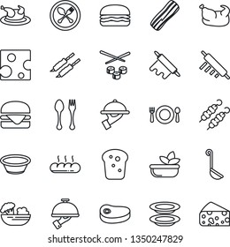 Thin Line Icon Set - spoon and fork vector, cafe, salad, plates, bacon, waiter, bread, chicken, steak, kebab, hamburger, ladle, bowl, rolling pin, sushi, cheese