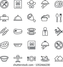 Thin Line Icon Set - spoon and fork vector, waiter, dish, restaurant table, cafe, menu, plates, dress code, chicken, steak, kebab, ham, bowl, steaming pan, sushi, serviette