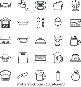 Thin Line Icon Set - spoon and fork vector, cook hat, reserved, reception, cocktail, coffee, beer, plates, egg stand, cafe building, candle, table, dress code, alcove, credit card, ham, hot dog