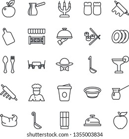 Thin Line Icon Set - spoon and fork vector, coffee, cook, reception, drink, cocktail, plates, waiter, salt pepper, candle, cafe table, dress code, alcove, chicken, ladle, bowl, rolling pin, turkish