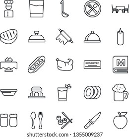 Thin Line Icon Set - spoon and fork vector, cook, dish, restaurant table, cafe, menu, reserved, reception, drink, phyto bar, beer, plates, salt pepper, building, candle, chicken, steak, hot dog