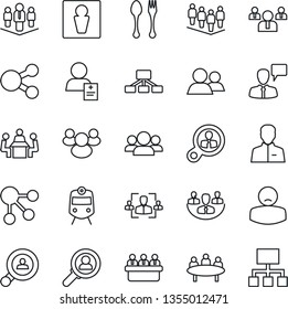 Thin Line Icon Set - spoon and fork vector, train, male, speaking man, team, meeting, patient, group, user, company, hr, client search, consumer, social media, hierarchy