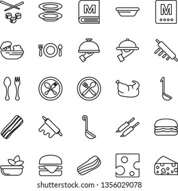Thin Line Icon Set - spoon and fork vector, cafe, menu, salad, plates, bacon, waiter, chicken, kebab, hamburger, ladle, bowl, rolling pin, sushi, cheese
