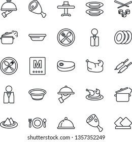 Thin Line Icon Set - spoon and fork vector, waiter, dish, restaurant table, serviette, cafe, menu, plates, chicken, steak, kebab, ham, bowl, steaming pan, sushi