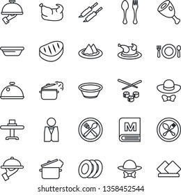 Thin Line Icon Set - spoon and fork vector, waiter, dish, restaurant table, serviette, cafe, menu, plates, dress code, chicken, steak, kebab, ham, bowl, steaming pan, sushi