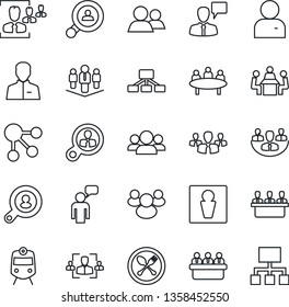 Thin Line Icon Set - spoon and fork vector, train, male, speaking man, meeting, group, user, company, hr, client search, consumer, social media, hierarchy