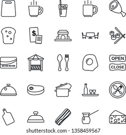 Thin Line Icon Set - spoon and fork vector, coffee, dish, alcohol, reception, phyto bar, bacon, bread, cafe building, table, open close, alcove, credit card, restaurant receipt, steak, ham, turkish