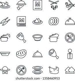 Thin Line Icon Set - spoon and fork vector, waiter, dish, serviette, cafe, menu, plates, dress code, chicken, steak, kebab, ham, bowl, steaming pan, sushi