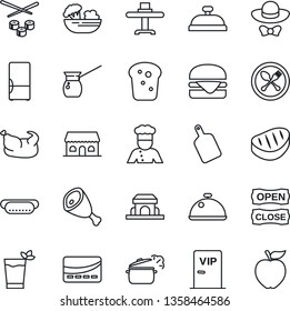 Thin Line Icon Set - spoon and fork vector, fridge, cook, dish, restaurant table, reception, phyto bar, salad, bread, cafe building, vip zone, dress code, open close, credit card, chicken, steak