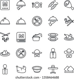 Thin Line Icon Set - spoon and fork vector, waiter, dish, restaurant table, serviette, cafe, menu, plates, dress code, chicken, kebab, ham, bowl, steaming pan, sushi