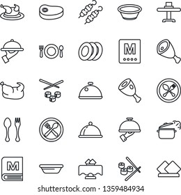 Thin Line Icon Set - spoon and fork vector, dish, restaurant table, cafe, menu, plates, waiter, chicken, steak, kebab, ham, bowl, steaming pan, sushi, serviette