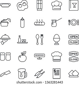 Thin Line Icon Set - spoon and fork vector, alcohol, cafe, cook hat, wine card, reserved, drink, beer, waiter, egg stand, salt pepper, bread, candle, open close, restaurant receipt, kebab, hot dog