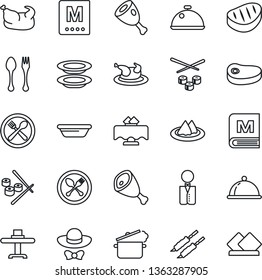 Thin Line Icon Set - spoon and fork vector, waiter, dish, restaurant table, serviette, cafe, menu, plates, dress code, chicken, steak, kebab, ham, bowl, steaming pan, sushi