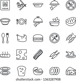 Thin Line Icon Set - spoon and fork vector, cafe, menu, salad, plates, bacon, waiter, bread, chicken, steak, kebab, hamburger, bowl, sushi, cheese