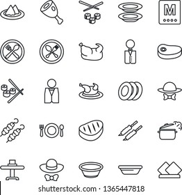 Thin Line Icon Set - spoon and fork vector, waiter, restaurant table, serviette, cafe, menu, plates, dress code, chicken, steak, kebab, ham, bowl, steaming pan, sushi