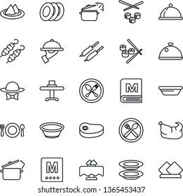 Thin Line Icon Set - spoon and fork vector, dish, restaurant table, serviette, cafe, menu, plates, waiter, dress code, chicken, steak, kebab, bowl, steaming pan, sushi