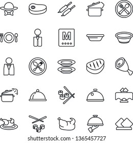 Thin Line Icon Set - spoon and fork vector, waiter, dish, restaurant table, cafe, menu, plates, dress code, chicken, steak, kebab, ham, bowl, steaming pan, sushi, serviette