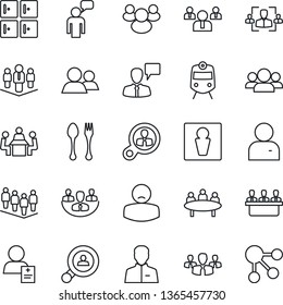Thin Line Icon Set - spoon and fork vector, train, male, checkroom, speaking man, team, meeting, patient, group, user, company, hr, client search, consumer, social media