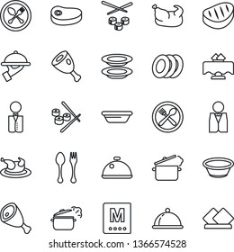 Thin Line Icon Set - spoon and fork vector, waiter, dish, restaurant table, cafe, menu, plates, chicken, steak, ham, bowl, steaming pan, sushi, serviette