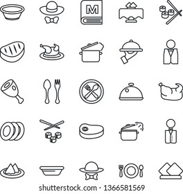 Thin Line Icon Set - spoon and fork vector, waiter, dish, restaurant table, serviette, cafe, menu, plates, dress code, chicken, steak, ham, bowl, steaming pan, sushi
