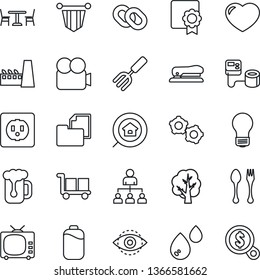 Thin Line Icon Set - spoon and fork vector, cafe, gear, hierarchy, pennant, bulb, garden, tree, blood pressure, folder document, cargo, tv, video camera, chain, heart, eye id, battery, sertificate