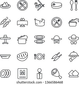 Thin Line Icon Set - spoon and fork vector, waiter, restaurant table, serviette, cafe, menu, plates, dress code, chicken, steak, kebab, ham, bowl, steaming pan, sushi