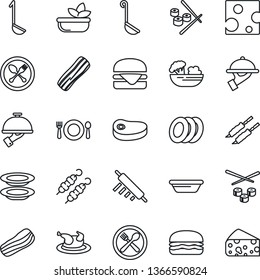 Thin Line Icon Set - spoon and fork vector, cafe, salad, plates, bacon, waiter, chicken, steak, kebab, hamburger, ladle, bowl, rolling pin, sushi, cheese