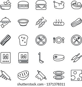 Thin Line Icon Set - spoon and fork vector, cafe, menu, salad, plates, bacon, waiter, bread, chicken, steak, kebab, hamburger, ladle, bowl, rolling pin, cheese