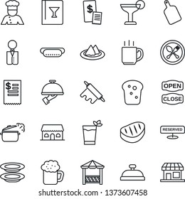 Thin Line Icon Set - spoon and fork vector, coffee, waiter, cook, serviette, wine card, reserved, reception, cocktail, phyto bar, beer, plates, bread, cafe building, open close, alcove, steak
