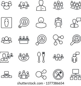 Thin Line Icon Set - spoon and fork vector, train, male, speaking man, team, patient, group, user, company, hr, meeting, client search, consumer, social media, hierarchy