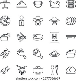 Thin Line Icon Set - spoon and fork vector, waiter, dish, restaurant table, serviette, menu, plates, dress code, chicken, steak, kebab, ham, bowl, steaming pan, sushi