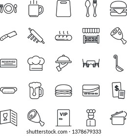 Thin Line Icon Set - spoon and fork vector, coffee, cook, cafe, hat, wine card, reserved, beer, waiter, bread, table, vip zone, alcove, credit, restaurant receipt, ham, hamburger, hot dog, ladle