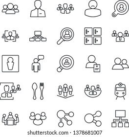 Thin Line Icon Set - spoon and fork vector, train, male, checkroom, speaking man, team, patient, group, user, company, hr, meeting, client search, consumer, social media, hierarchy