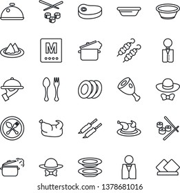 Thin Line Icon Set - spoon and fork vector, waiter, dish, serviette, menu, plates, dress code, chicken, steak, kebab, ham, bowl, steaming pan, sushi