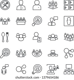 Thin Line Icon Set - spoon and fork vector, male, checkroom, speaking man, team, meeting, patient, group, user, company, hr, client search, consumer, social media, hierarchy