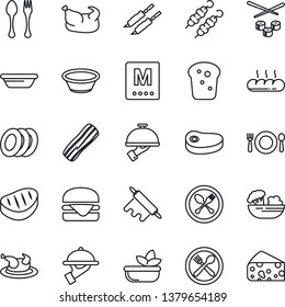 Thin Line Icon Set - spoon and fork vector, cafe, menu, salad, plates, bacon, waiter, bread, chicken, steak, kebab, hamburger, bowl, rolling pin, sushi, cheese