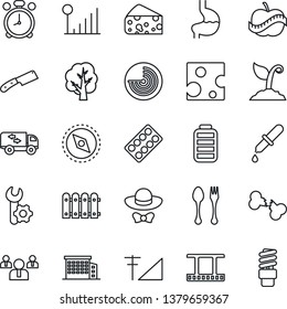 Thin Line Icon Set - spoon and fork vector, alarm clock, radar, team, tree, sproute, dropper, pills blister, stomach, broken bone, diet, film frame, battery, compass, cellular signal, root setup