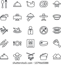 Thin Line Icon Set - spoon and fork vector, waiter, dish, restaurant table, cafe, menu, plates, dress code, chicken, steak, kebab, ham, bowl, steaming pan, sushi, serviette