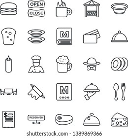 Thin Line Icon Set - spoon and fork vector, cook, dish, menu, reserved, coffee, beer, plates, waiter, bread, candle, cafe table, dress code, open close, alcove, credit card, restaurant receipt, bowl