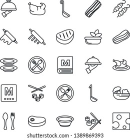 Thin Line Icon Set - spoon and fork vector, cafe, menu, salad, plates, bacon, waiter, chicken, steak, kebab, ladle, bowl, rolling pin, sushi, cheese