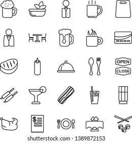 Thin Line Icon Set - spoon and fork vector, cafe, coffee, waiter, dish, restaurant table, drink, cocktail, phyto bar, beer, salad, bacon, candle, open close, credit card, receipt, chicken, steak