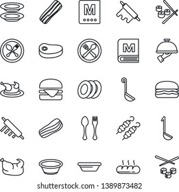 Thin Line Icon Set - spoon and fork vector, cafe, menu, plates, bacon, waiter, bread, chicken, steak, kebab, hamburger, ladle, bowl, rolling pin, sushi