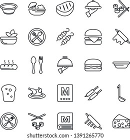 Thin Line Icon Set - spoon and fork vector, cafe, menu, salad, waiter, bread, chicken, steak, kebab, hamburger, ladle, bowl, rolling pin, sushi, cheese